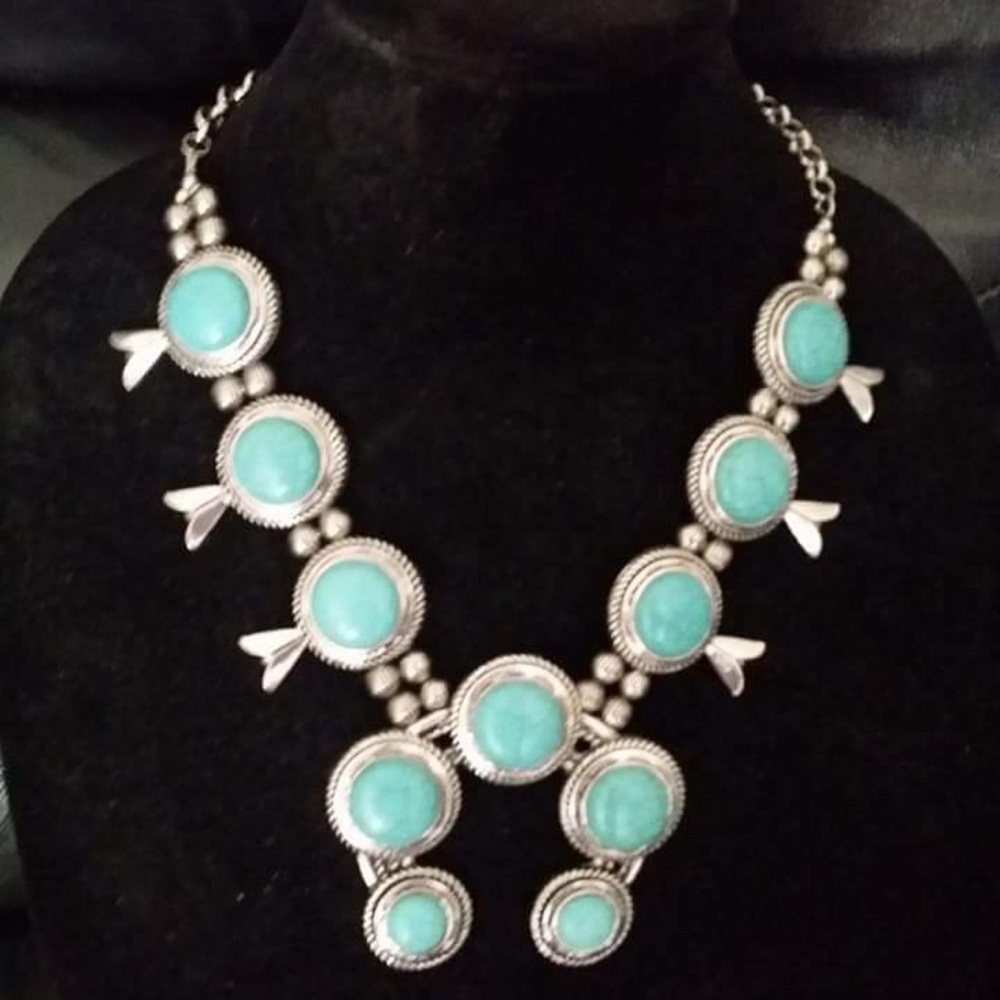 Faux Silver turquoise Double Strand Large Camacho Squash Blossom Necklace